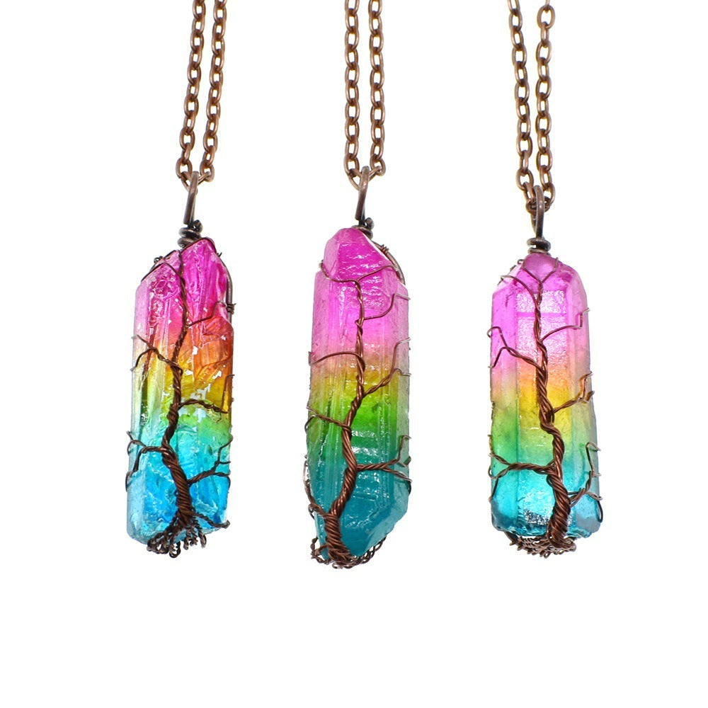 Collar con colgante de árbol de la vida, piedra de cristal, muy popular