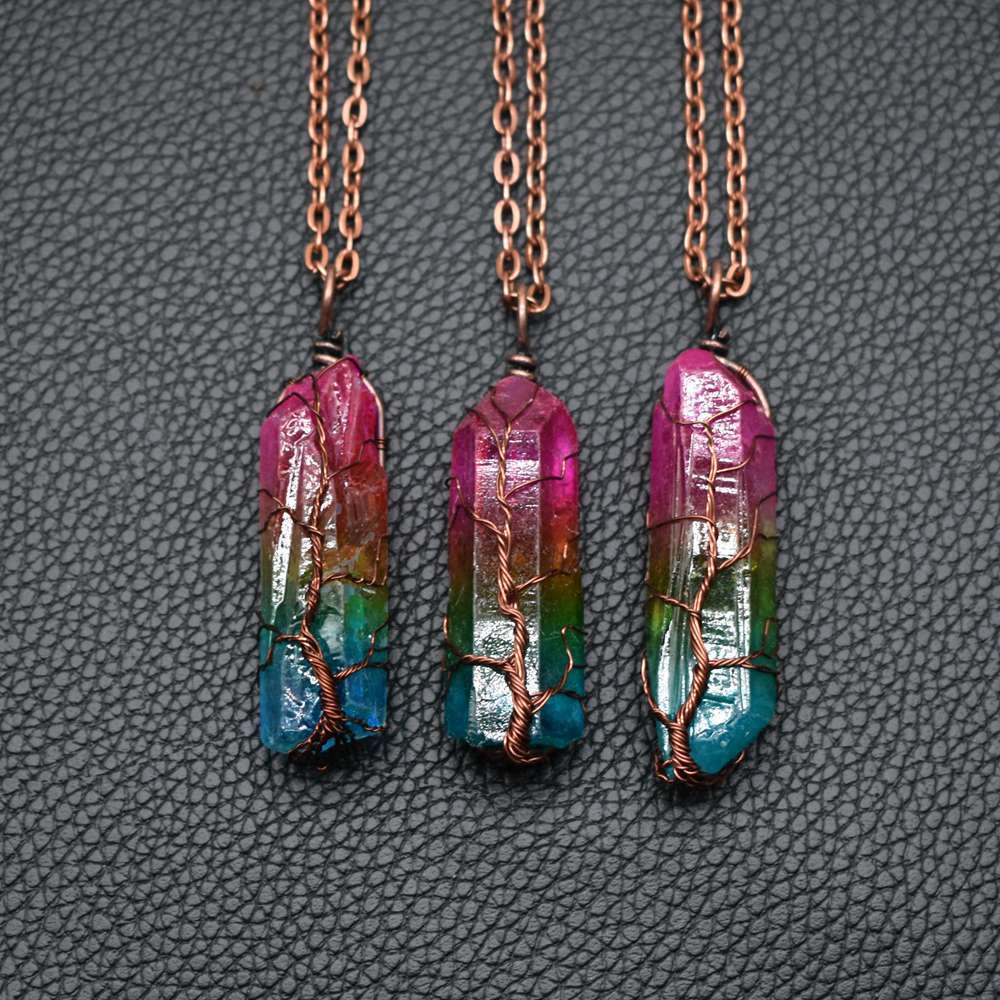 Collar con colgante de árbol de la vida, piedra de cristal, muy popular