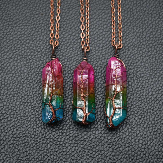 Collar con colgante de árbol de la vida, piedra de cristal, muy popular
