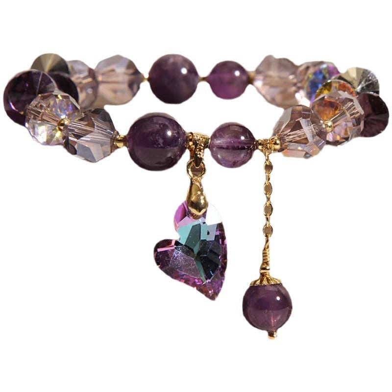 Pulsera de cristal de corazón morado, elegante joyería de amatista natural.