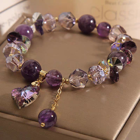Pulsera de cristal de corazón morado, elegante joyería de amatista natural.