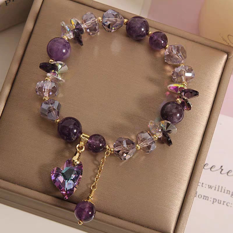 Pulsera de cristal de corazón morado, elegante joyería de amatista natural.