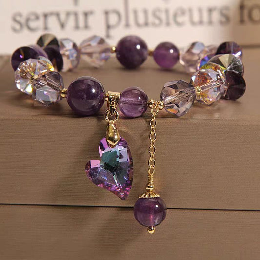 Pulsera de cristal de corazón morado, elegante joyería de amatista natural.