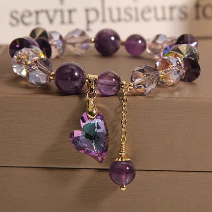 Pulsera de cristal de corazón morado, elegante joyería de amatista natural.